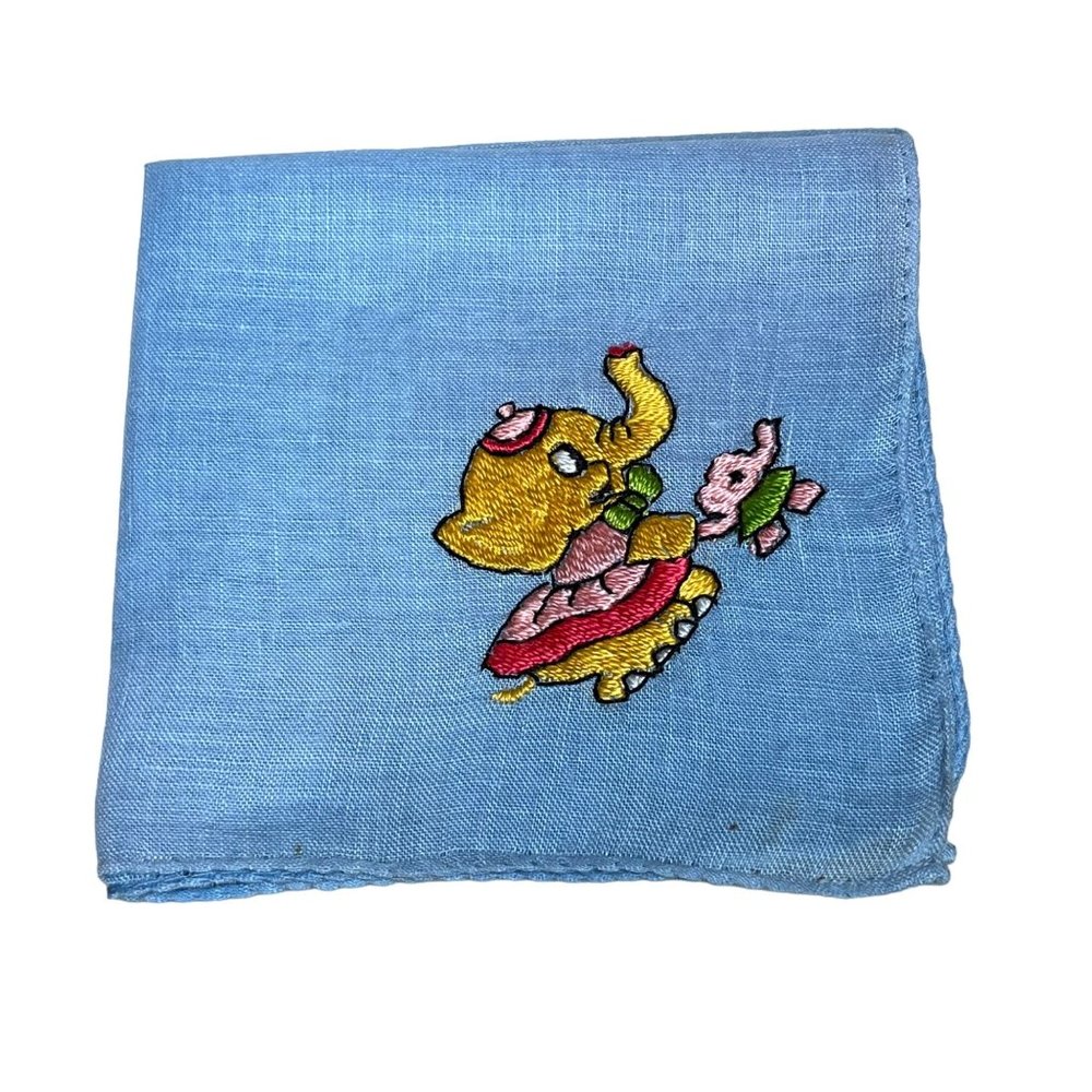 Vintage Embroidered Handkerchief Blue Linen Elephants